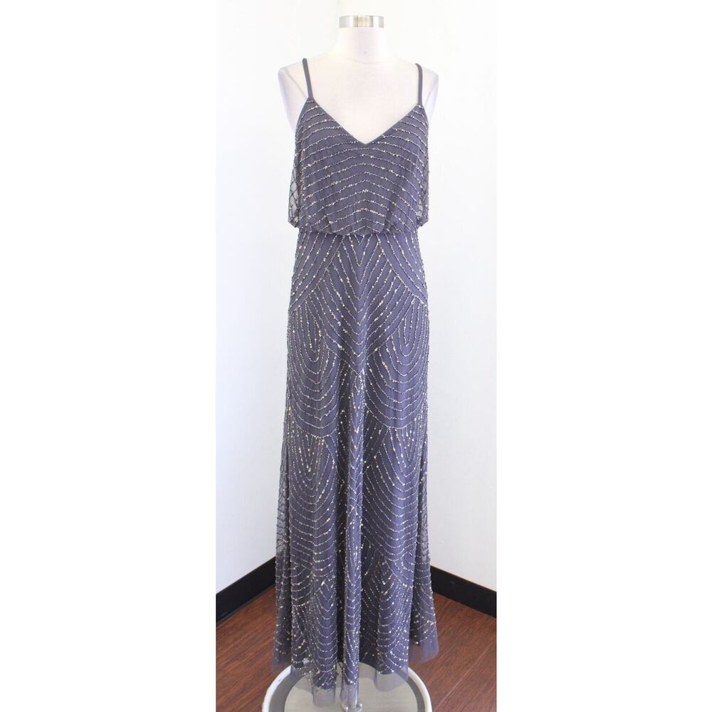 Adrianna Papell Gray Sequin Beaded Blouson Formal Evening Dress Size 8 Art Deco
